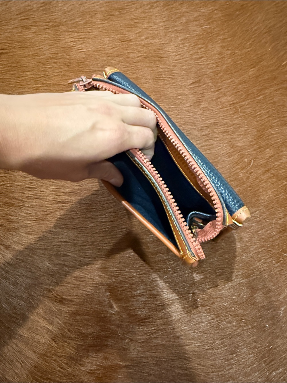 Dooney & Bourke Navy and Tan Pebbled Leather Zip Wallet - Picture 3 of 5